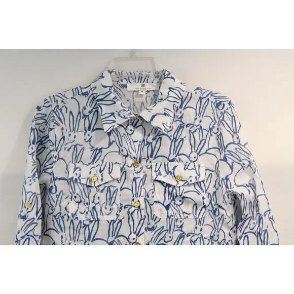 Jean-Pierre Klifa Top Womens White Blue Bunny Print Linen Blend Button Up Casual - Picture 2 of 9